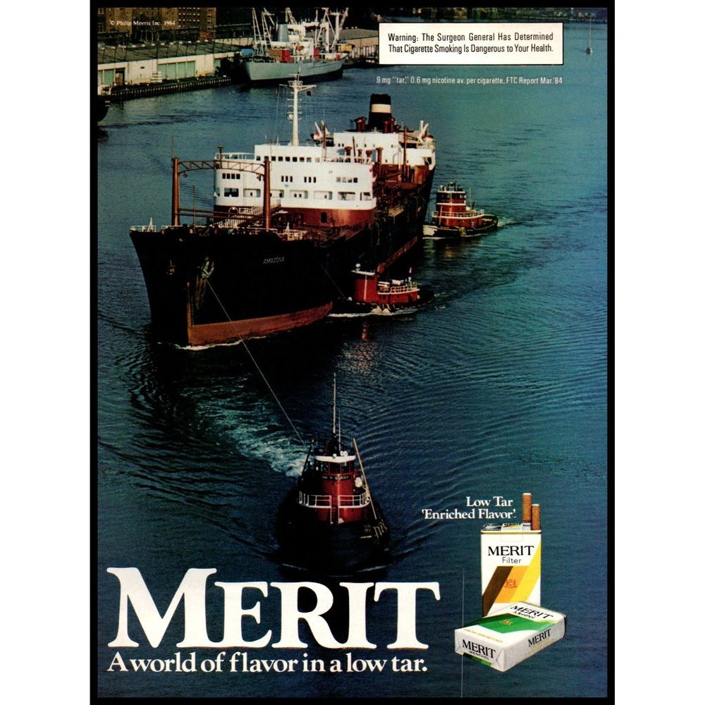 1984 Merit Cigarettes Vintage Print Ad Tanker Ship Tug Boats Port Wall Art Photo